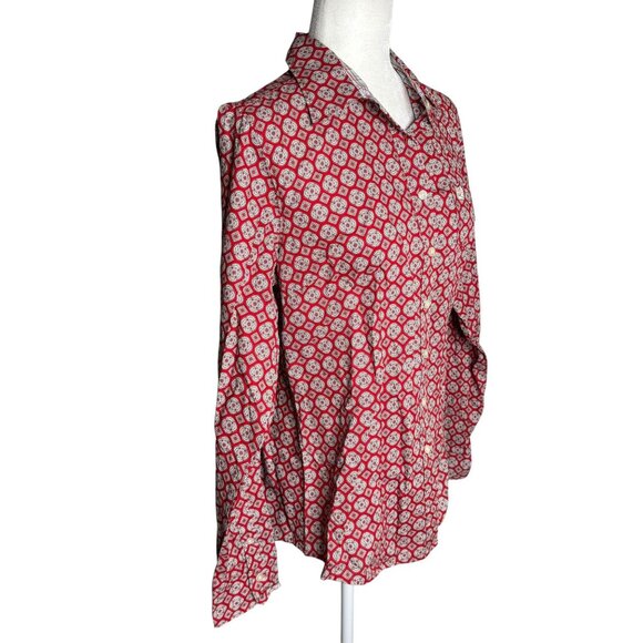 Cinch Button Up Long Sleeve Shirt Medium Red White Geometric Cotton Pocket - Picture 5 of 6